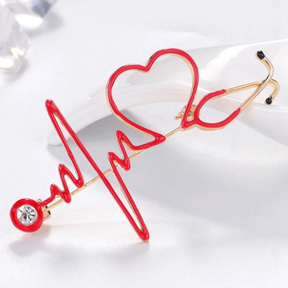Red Heartbeat Stethoscope Brooch Lapel Pin - Picture 4 of 16